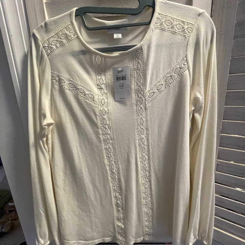 J Jill NWT Cotton Blend Long Sleeve Top-  Cream with Embroidered Details XSP